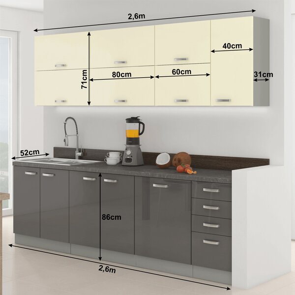 NovýNábytok.sk Kuchyňa Primula 260 cm (krémová + vysoký lesk sivý). Vlastná spoľahlivá doprava až k Vám domov. 788636