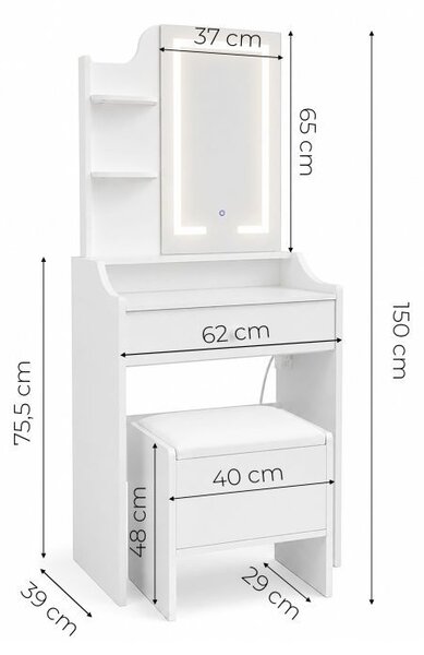 Kozmetický toaletný stolík so zrkadlom a LED osvetlením, 3 farby, police, zásuvka, taburetka