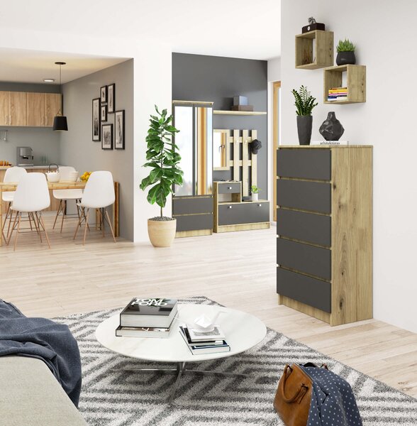 Ak furniture Komoda Kuba 60 cm - 5 zásuviek dub artisan/grafitová