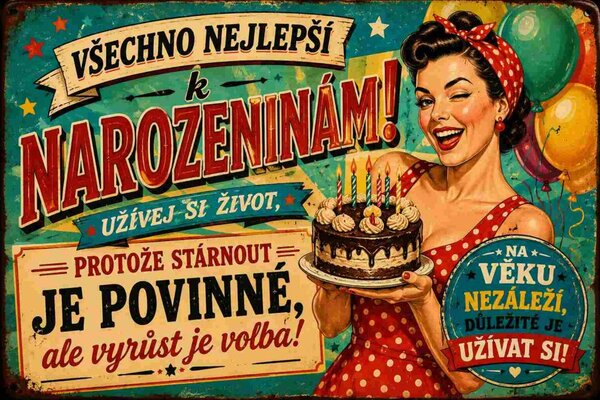 Plechová ceduľa Všechno nejlepší k narozeninám! Užívej si život - Plechová tabuľa