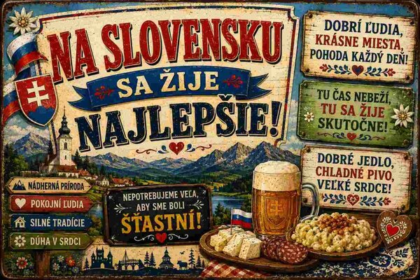 Plechová ceduľa Na Slovensku sa žije najlepšie!- Plechová tabuľa
