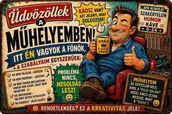 Plechová ceduľa Udvozollek a muhelyemben! - Plechová tabuľa