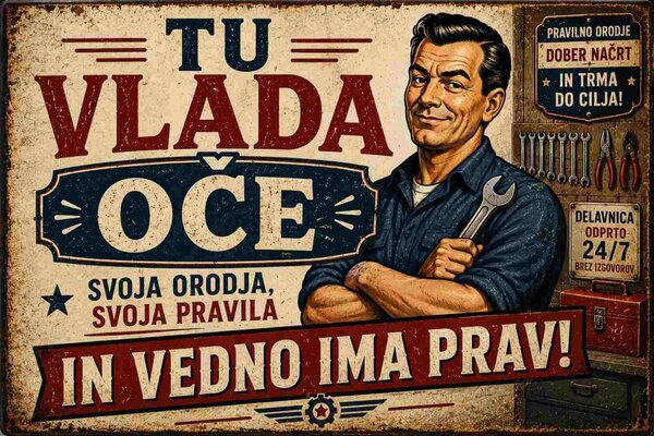 Plechová ceduľa Tu Vlada Oče - In vedno ima prav! - Plechová tabuľa