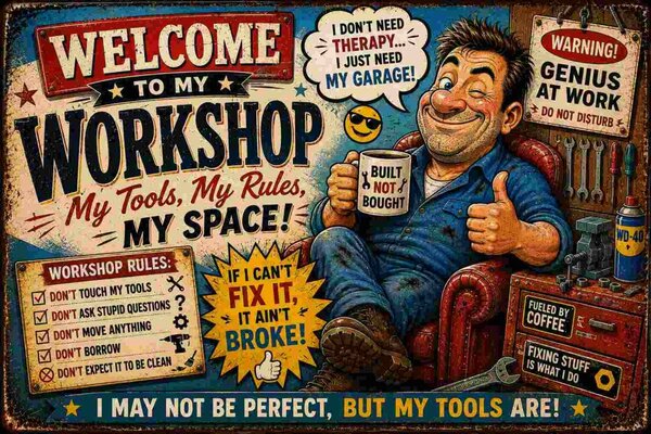 Plechová ceduľa Welcome to my Workshop - My space! - Plechová tabuľa