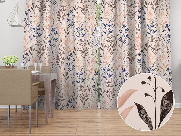 Biante Bavlnený záves Sandra SA-794 Modro-hnedé vetvičky s lístkami na púdrovom 150x140 cm