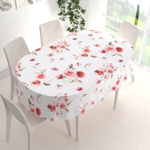 Biante Teflónový oválny obrus TF-023 Červené ruže na bielom 60x100 cm