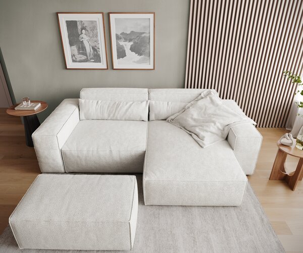 DELIFE Rohová pohovka Sirpio 230x155 cm bouclé krémovo biela ležadlo variabilné s taburetom