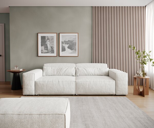 DELIFE Veľká pohovka Sirpio 230x95 cm bouclé bielo-krémová s taburetom