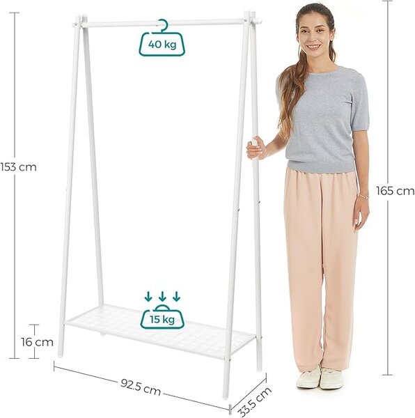 SONGMICS Vešiak na oblečenie s drôtenou policou 92 x 153 cm, biely