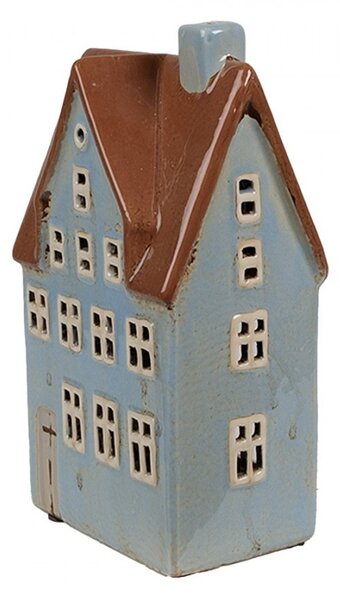 Modrý keramický svietnik na čajovú sviečku domček Amster Village - 11*8*20 cm - Clayre & Eef