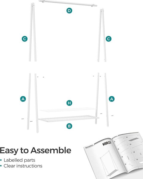 SONGMICS Vešiak na oblečenie s drôtenou policou 92 x 153 cm, biely