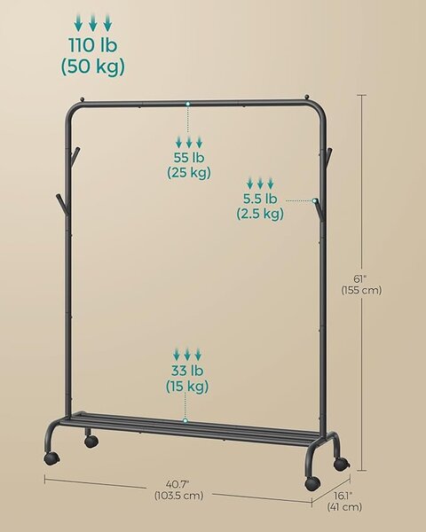 SONGMICS Mobilný vešiak na oblečenie s policou a háčikmi 104 x 155 cm, čierny