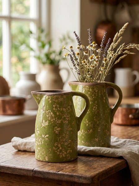 Zelený keramický džbán Rustic Wild Herb M - 16*12*19 cm - Clayre & Eef