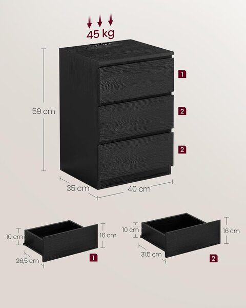 VASAGLE Sada 2 nočných stolíkov s 3 zásuvkami, elektrickou a USB zásuvkou, čierna