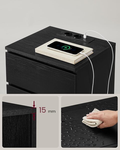 VASAGLE Sada 2 nočných stolíkov s 3 zásuvkami, elektrickou a USB zásuvkou, čierna