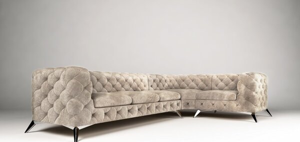 ROHOVÁ SEDAČKA CHESTERFIELD LARISSA PRAVÁ - ĽAVÁ BÉŽOVÁ ZAMATOVÁ LÁTKA 323 X 204 cm