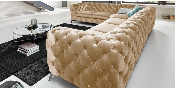 ROHOVÁ SEDAČKA CHESTERFIELD LARISSA PRAVÁ - ĽAVÁ ZLATÁ ZAMATOVÁ LÁTKA 323 X 264 cm