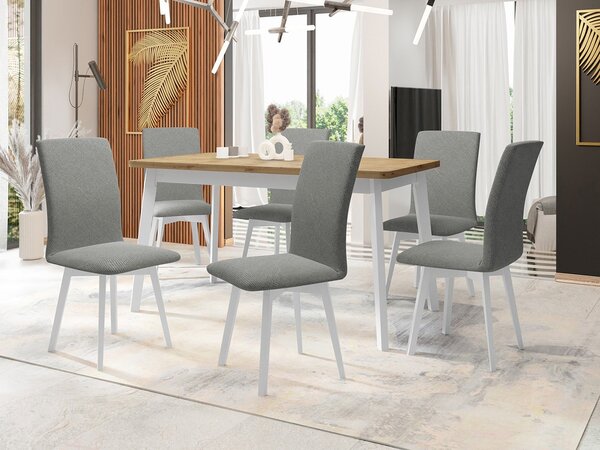 Mirjan24 Jedálenský stôl so 6 stoličkami AL24, Morenie: dub artisan L, Poťahové látky: Hygge D91, Farby nožičiek: biela 5903211270215
