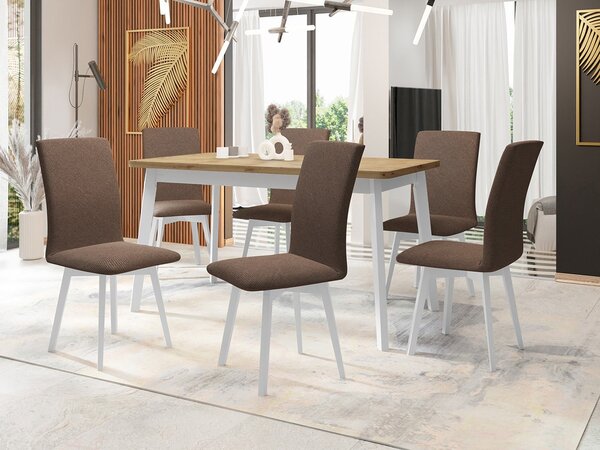 Mirjan24 Jedálenský stôl so 6 stoličkami AL24, Morenie: dub artisan L, Poťahové látky: Soro 28, Farby nožičiek: biela 5903211270208