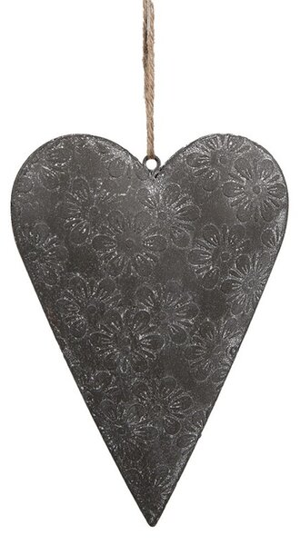 Šedé plechové ozdobné závesné srdce s kvetmi - 15*2*10 cm - Clayre & Eef