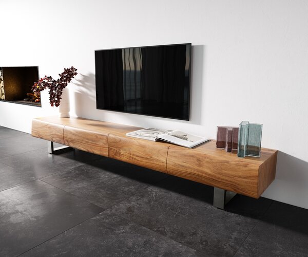 DELIFE TV stolík New Live-Edge 240 cm akácia prírodná 4 zásuvky tenká podstava nerezová oceľ kefovaná