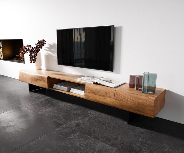 DELIFE TV stolík New Live-Edge 240 cm akácia prírodná 4 dvierka 1 priehradka závesná kov čierna