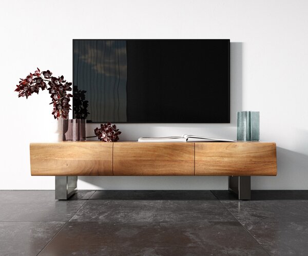 DELIFE TV stolík New Live-Edge 145 cm akácia prírodná 3 dvierka tenká podstava nerezová oceľ kefovaná