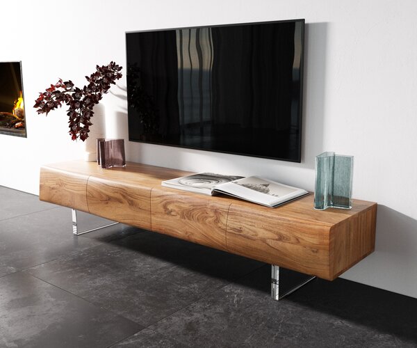 DELIFE TV stolík New Live-Edge 175 cm akácia prírodná 4 dvierka akrylová podstava