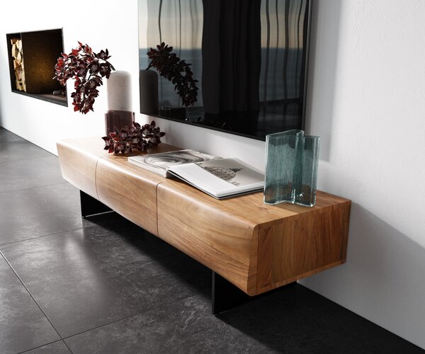 DELIFE TV stolík New Live-Edge 145 cm akácia prírodná 3 dvierka závesná kov čierna