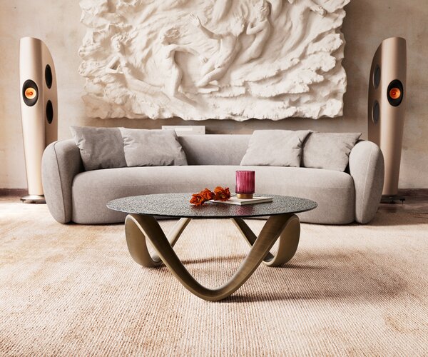 DELIFE Konferenčný stolík Tanju 90x90 cm metalická zlatá s reliéfnym sklom taupe