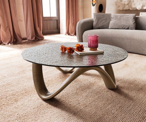 DELIFE Konferenčný stolík Tanju 90x90 cm metalická zlatá s reliéfnym sklom taupe