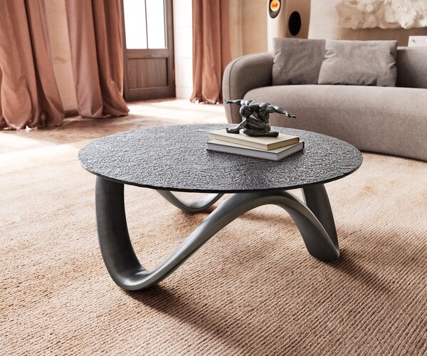DELIFE Konferenčný stolík Tanju 90x90 cm metalická strieborná s reliéfnym sklom sivá