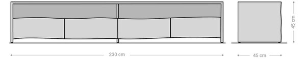 DELIFE TV stolík Live-Edge 230 cm dub prírodný 4 zásuvky masívny hrana