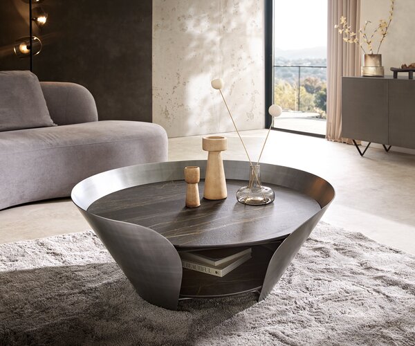 DELIFE Konferenčný stolík Skafi 100x40 cm keramika Laminam® Noir Desir hnedá metalická strieborná