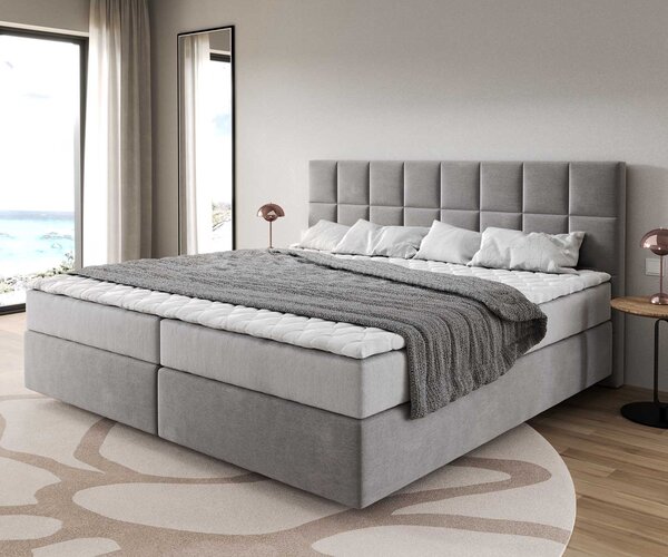 DELIFE Boxspring posteľ Dream-Fine mikrovlákno sivá 200x200 cm s vreckovou pružinovou matracou a topperom Visco