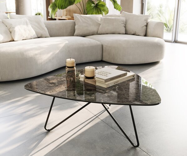 DELIFE Konferenčný stolík Ekrem 88x85 cm keramika Laminam®Emperador Extra Lucidato tmavohnedá Hairpin kov čierna