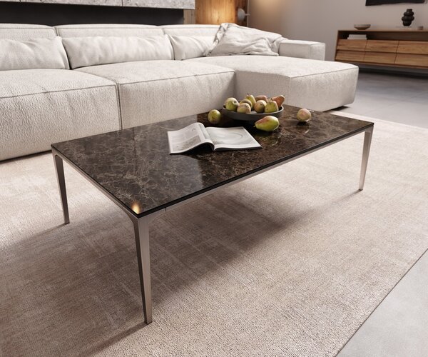 DELIFE Konferenčný stolík Levente 110x60 cm keramika Laminam® Emperador Extra Lucidato tmavohnedá podstava nerezová oceľ strieborná