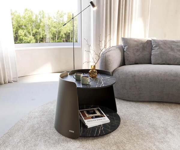 DELIFE Konferenčný stolík Daban 59x59 cm keramika Laminam®Noir Desir hnedá podstava kov titánová farba