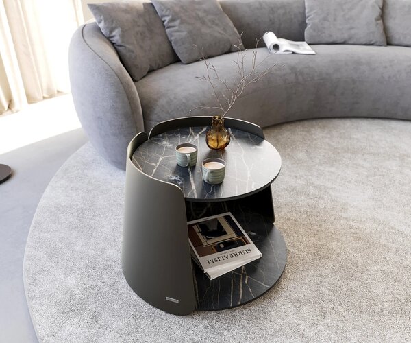 DELIFE Konferenčný stolík Daban 59x59 cm keramika Laminam®Noir Desir hnedá podstava kov titánová farba