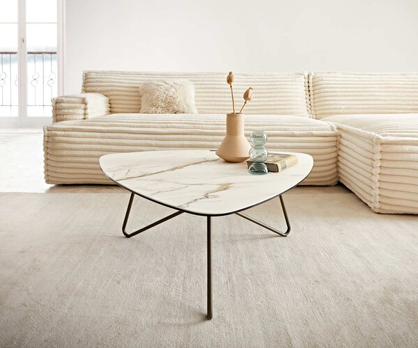 DELIFE Konferenčný stolík Ekrem 88x85 cm keramika Calacatta Luxe bielo-zlato-šedá Hairpin okrúhly kov titánový efektový povrch