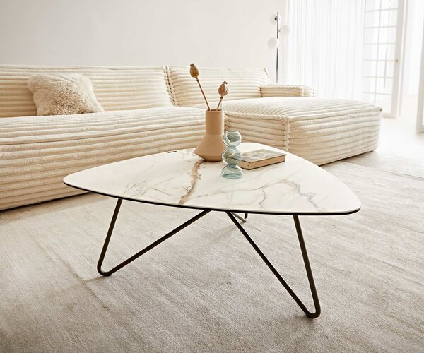 DELIFE Konferenčný stolík Ekrem 88x85 cm keramika Calacatta Luxe bielo-zlato-šedá Hairpin okrúhly kov titánový efektový povrch