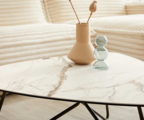 DELIFE Konferenčný stolík Ekrem 88x85 cm keramika Calacatta Luxe bielo-zlato-šedá Hairpin okrúhly kov titánový efektový povrch