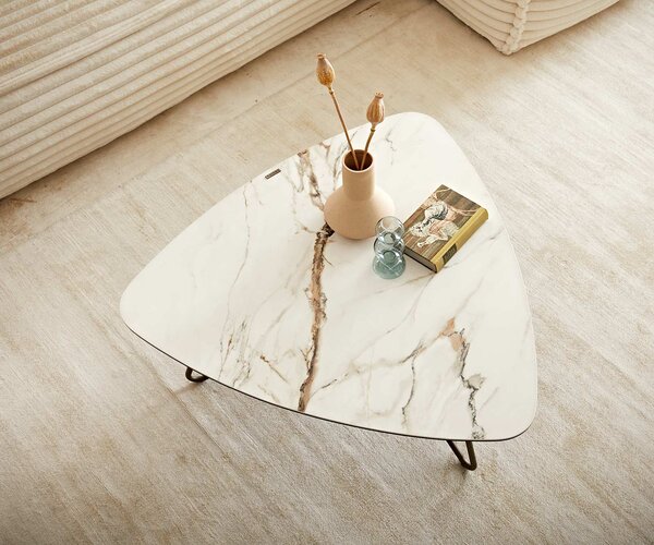 DELIFE Konferenčný stolík Ekrem 88x85 cm keramika Calacatta Luxe bielo-zlato-šedá Hairpin okrúhly kov titánový efektový povrch