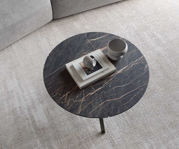DELIFE Konferenčný stolík Delron 70x70 cm keramika Laminam®Noir Desir hnedá kovová krížová podstava plochý kov titanový efekt