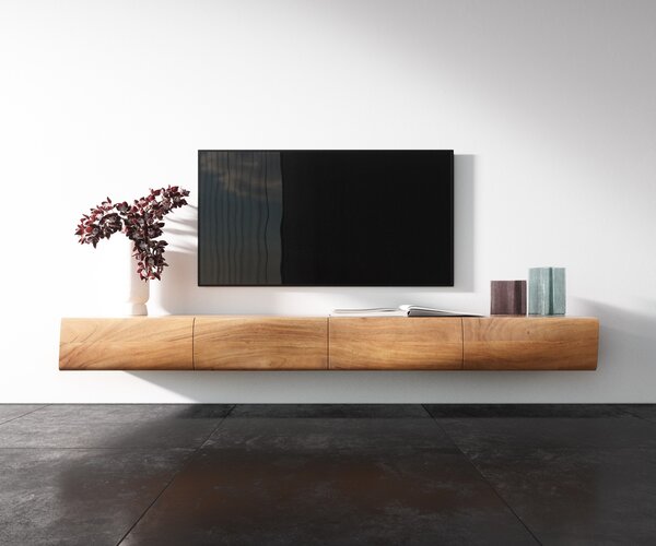 DELIFE TV stolík New Live-Edge 200 cm akácia prírodná 4 dvierka závesný