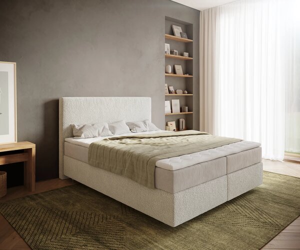 DELIFE Boxspring posteľ Dream-Well 160×200 cm bouclé krémovo biela s vreckovou pružinovou matracou a visco topperom