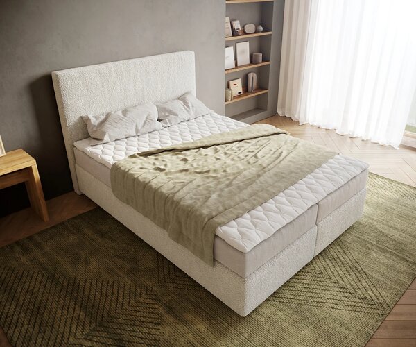 DELIFE Boxspring posteľ Dream-Well 140×200 cm bouclé krémovo biela s matracom a topperom