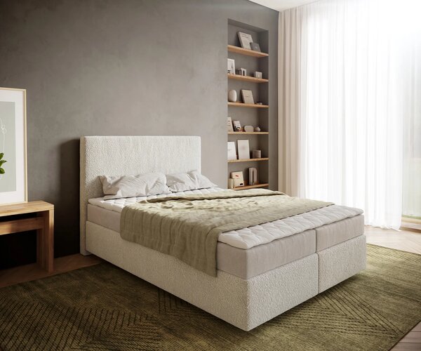 DELIFE Boxspring posteľ Dream-Well 140×200 cm bouclé krémovo biela s matracom a topperom