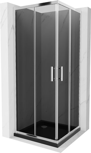 Mexen Rio, štvorcový sprchovací kút s posuvnými dverami 70 (dvere) x 70 (dvere) x 190 cm, 5mm šedé sklo, chrómový profil + čierna sprchová vanička SLIM, 860-070-070-01-40-4070
