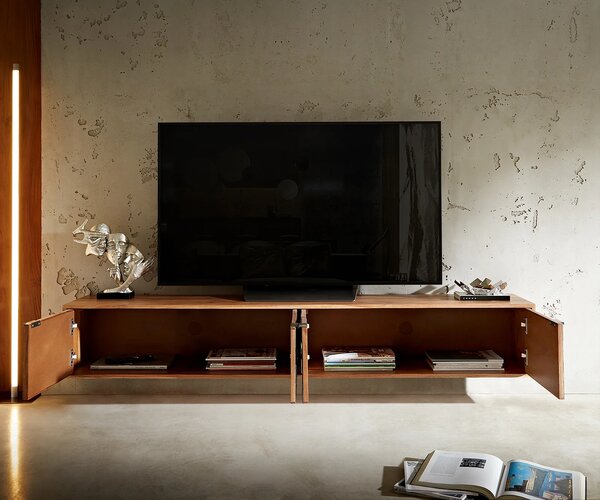 DELIFE TV stolík Teele 200 cm akácia prírodná bridlica 4 dvierka závesný